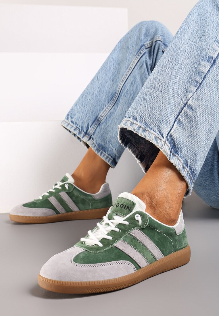 Zielono-Szare Płaskie Skórzane Sneakersy Ozdobione Paskami Navilen