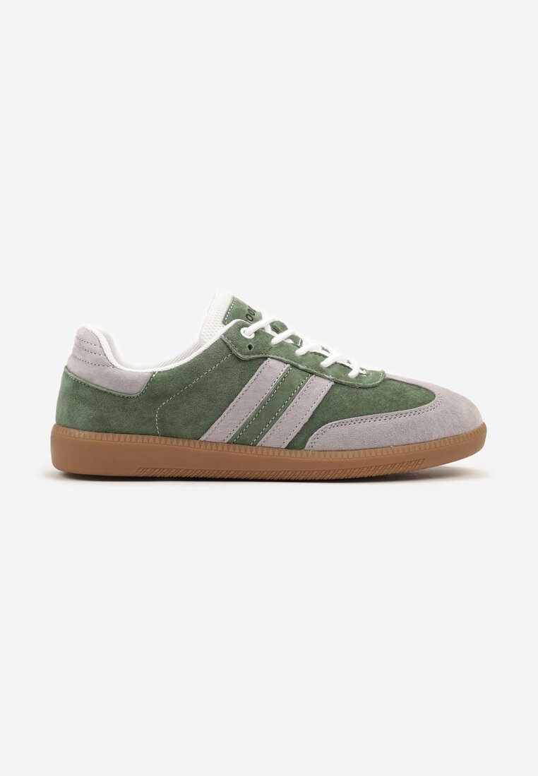Zielono-Szare Płaskie Skórzane Sneakersy Ozdobione Paskami Navilen