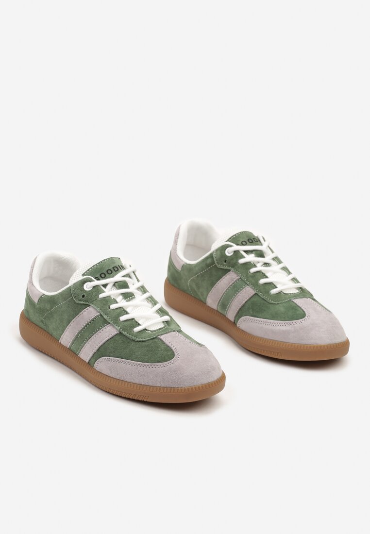 Zielono-Szare Płaskie Skórzane Sneakersy Ozdobione Paskami Navilen