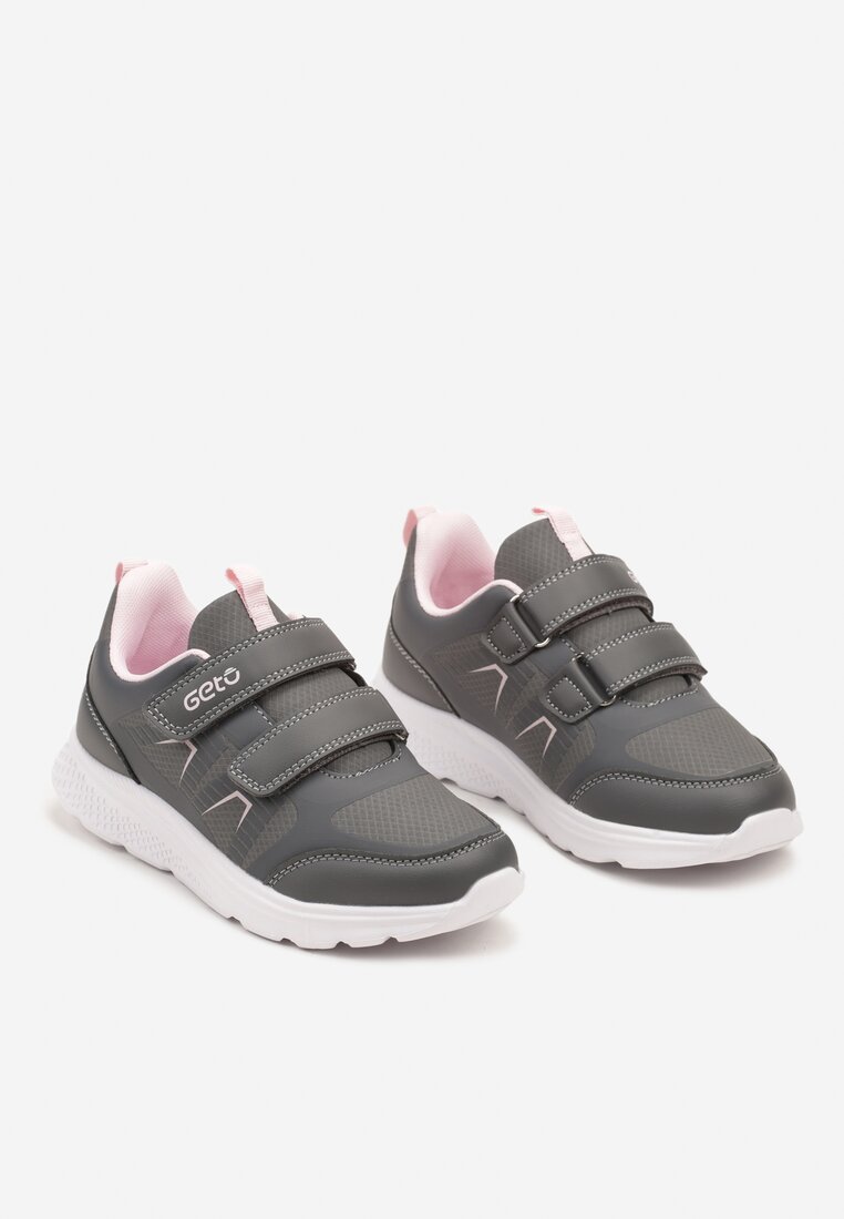 Szare Płaskie Buty Sportowe Sneakersy Zapinane na Rzepy z Geometrycznym Wzorem Elinari