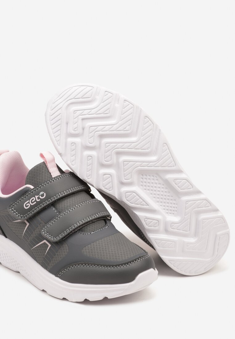 Szare Płaskie Buty Sportowe Sneakersy Zapinane na Rzepy z Geometrycznym Wzorem Elinari