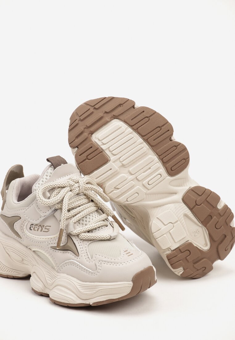 Beżowe Płaskie Sznurowane Buty Sportowe Sneakersy z Geometrycznym Zdobieniem na Rzep Navalora