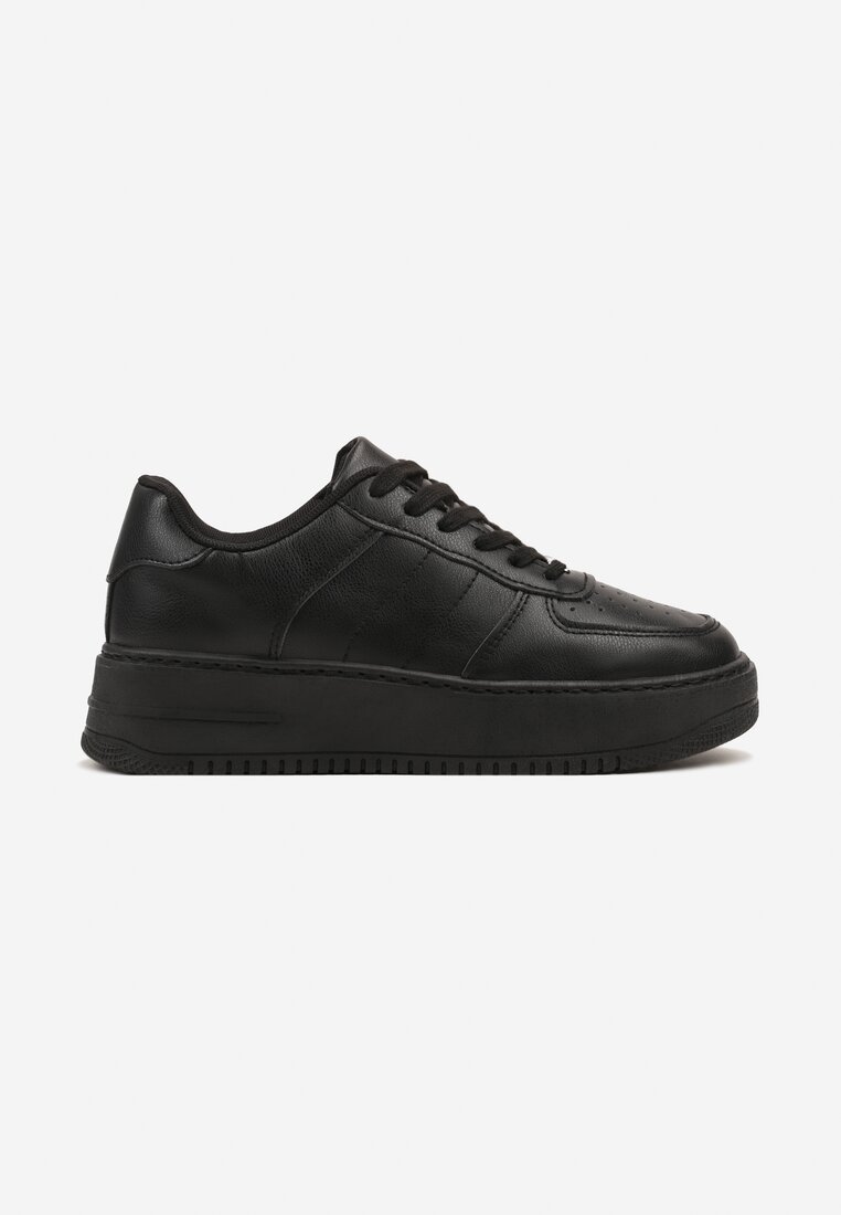 Czarne Klasyczne Sznurowane Sneakersy na Płaskiej Podeszwie z Perforacją Vlineya