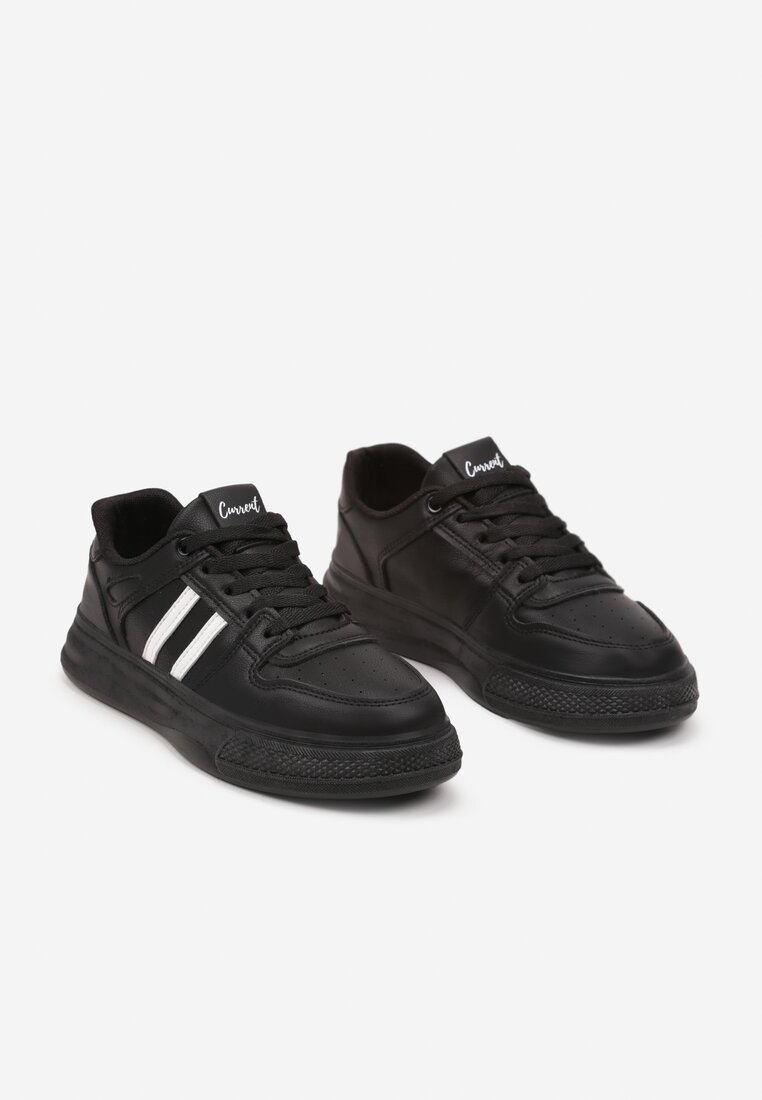 Czarno-Białe Sneakersy na Płaskiej Podeszwie Ozdobione Paskami Noraria