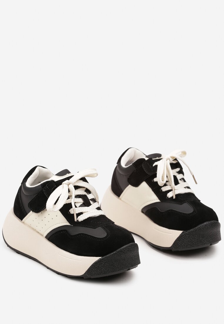 Czarno-Beżowe Sznurowane Buty Sportowe Sneakersy na Grubej Podeszwie z Geometrycznym Wzorem Esemaria