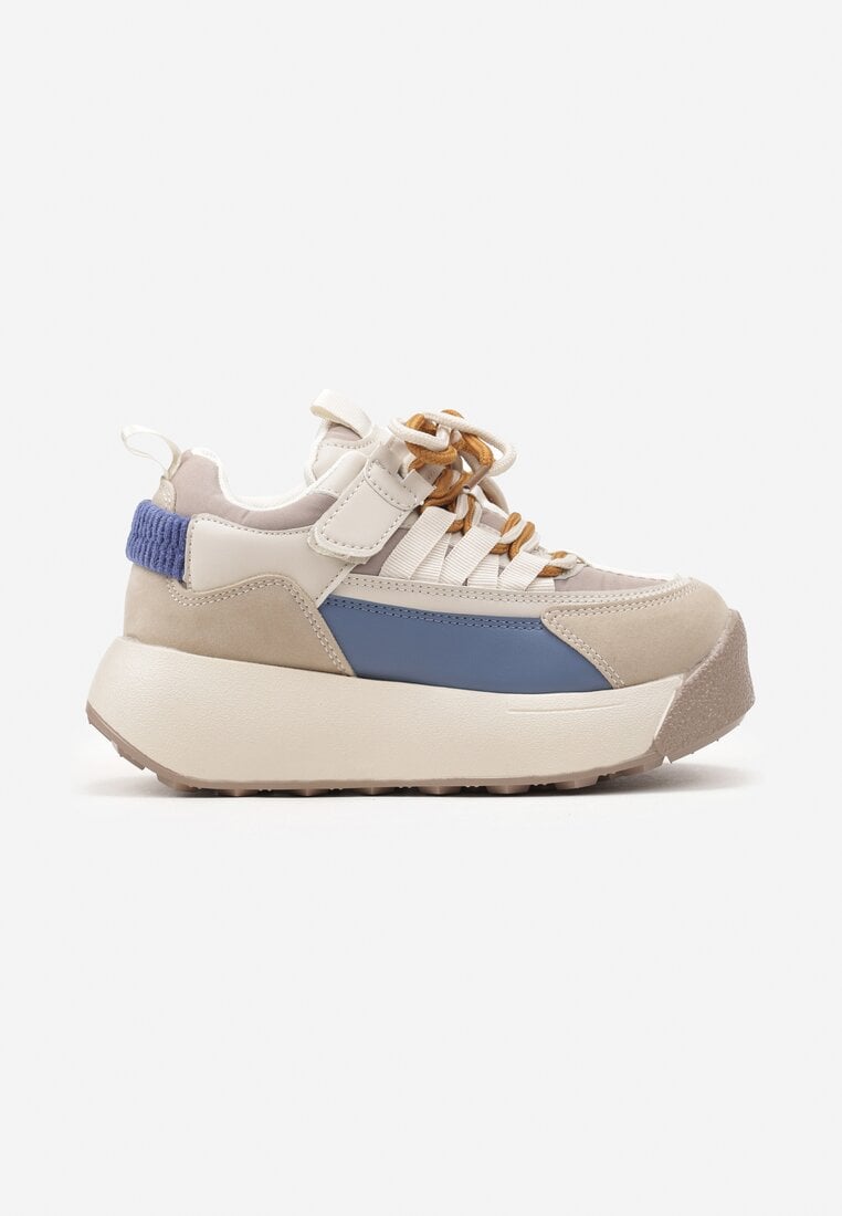 Ciemnobeżowe Sznurowane Buty Sportowe Sneakersy na Grubej Podeszwie Ozdobione Paskami Petaria
