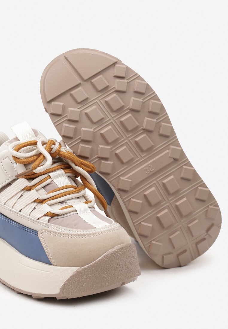 Ciemnobeżowe Sznurowane Buty Sportowe Sneakersy na Grubej Podeszwie Ozdobione Paskami Petaria