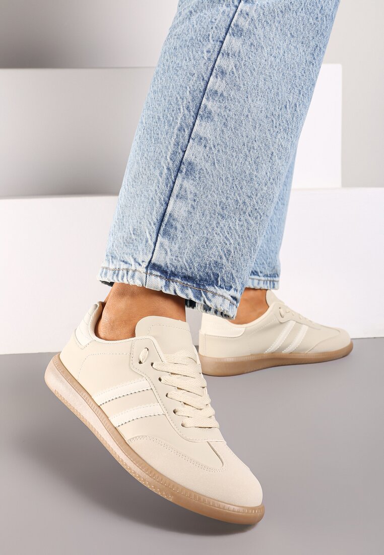 Beżowe Płaskie Sneakersy Ozdobione Paskami Glaria