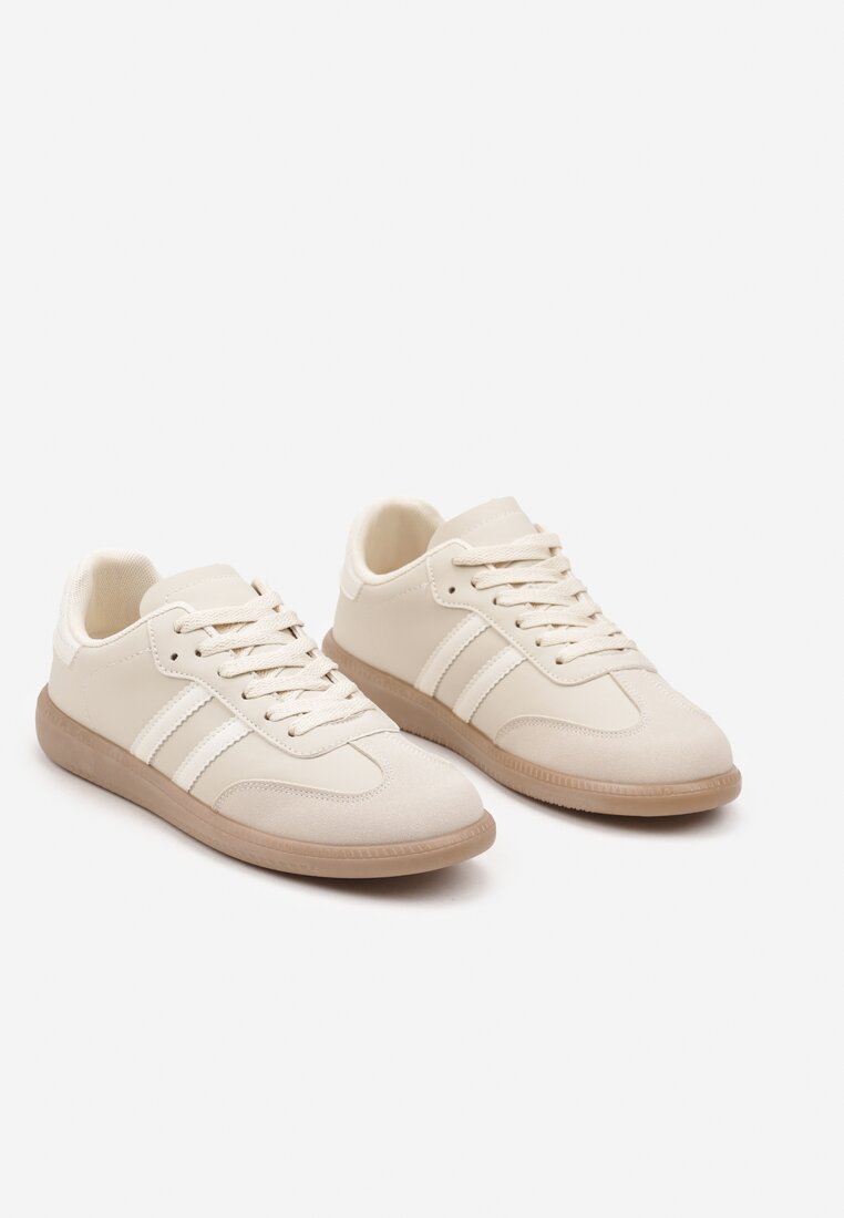 Beżowe Płaskie Sneakersy Ozdobione Paskami Glaria