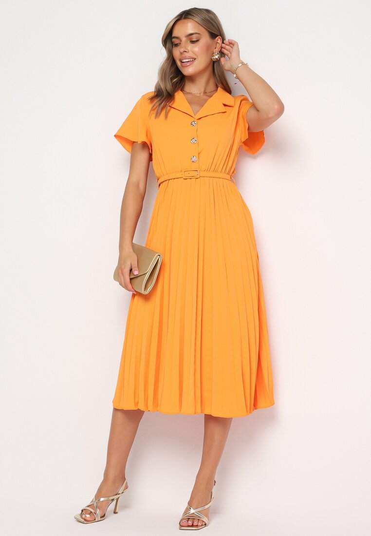 Pomarańczowa Rozkloszowana Sukienka z Plisowanym Dołem Paskiem Gumką w Talii i Guzikami Nelvine
