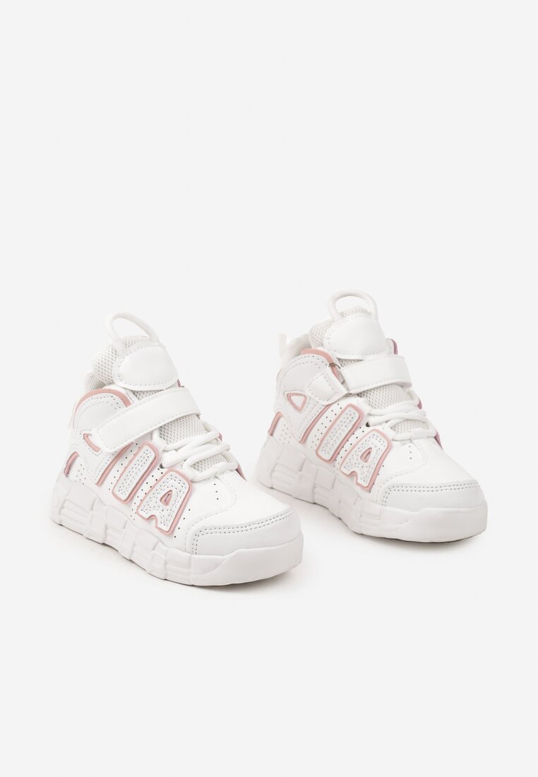 Biało-Różowe Buty Sportowe Sneakersy na Płaskiej Podeszwie z Geometrycznym Wzorem na Rzep Vlitha