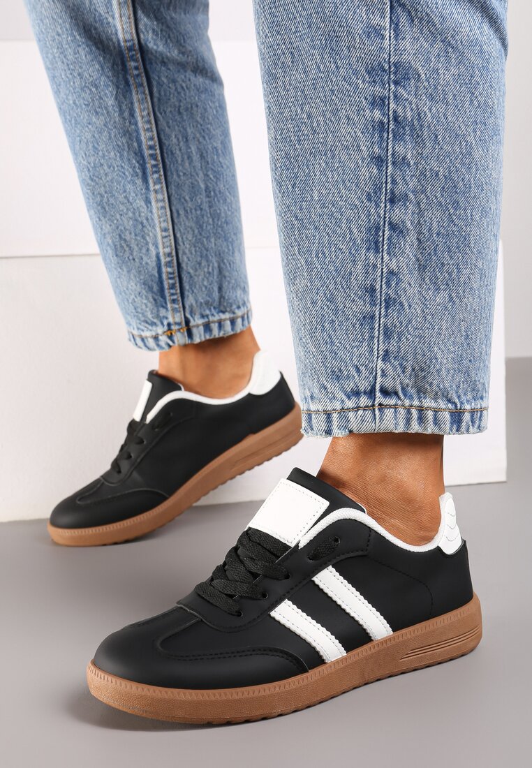 Czarne Płaskie Sznurowane Sneakersy z Paskami Evily