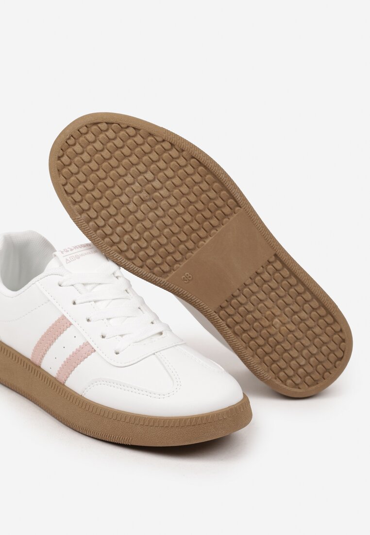 Biało-Różowe Płaskie Klasyczne Sneakersy Ozdobione Paskami Chareria