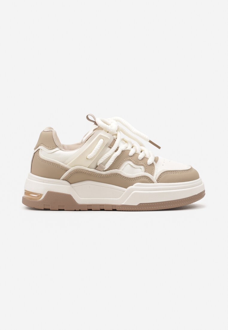 Ciemnobeżowe Płaskie Sneakersy z Geometrycznym Zdobieniem Evithia