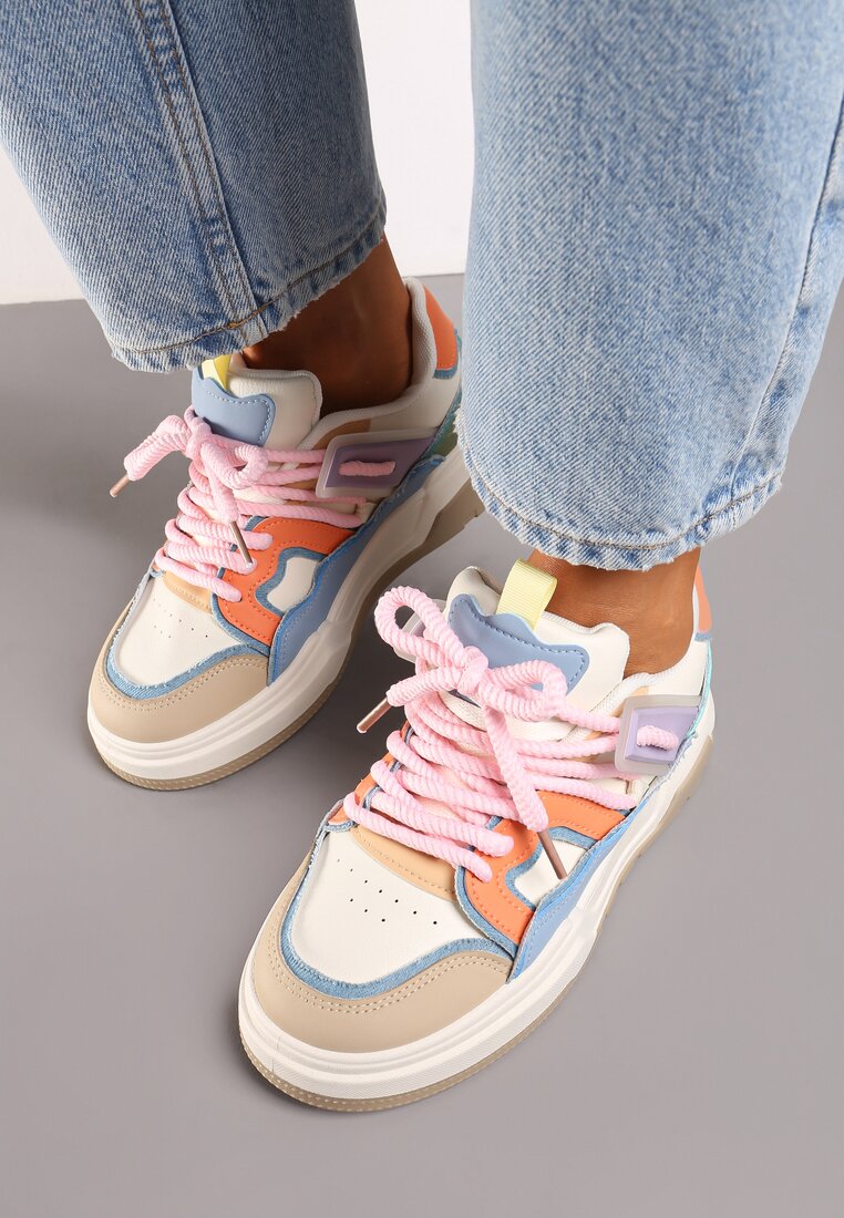 Beżowo-Różowe Płaskie Sneakersy z Geometrycznym Zdobieniem Evithia