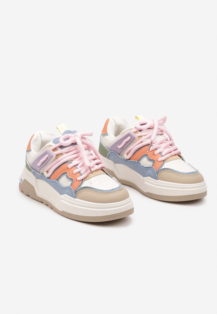 Beżowo-Różowe Płaskie Sneakersy z Geometrycznym Zdobieniem Evithia
