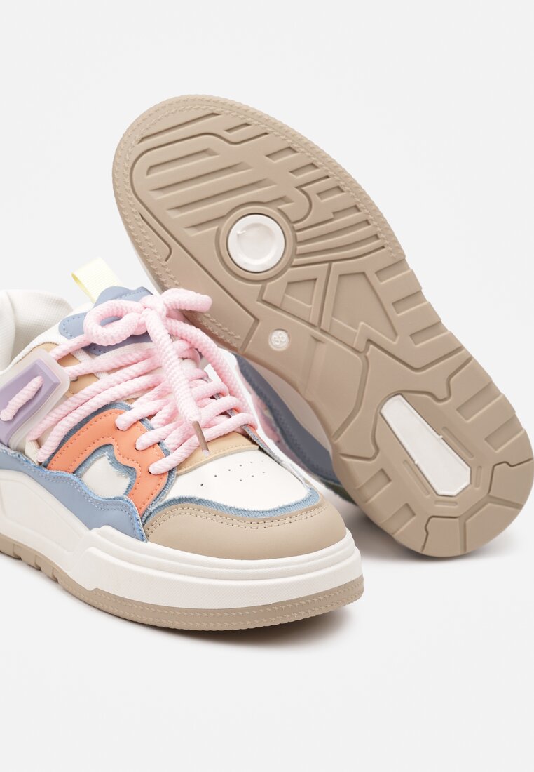 Beżowo-Różowe Płaskie Sneakersy z Geometrycznym Zdobieniem Evithia