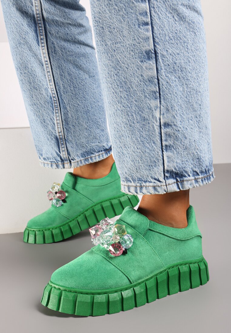 Zielone Wsuwane Sneakersy z Kolorowymi Kryształkami Phedara