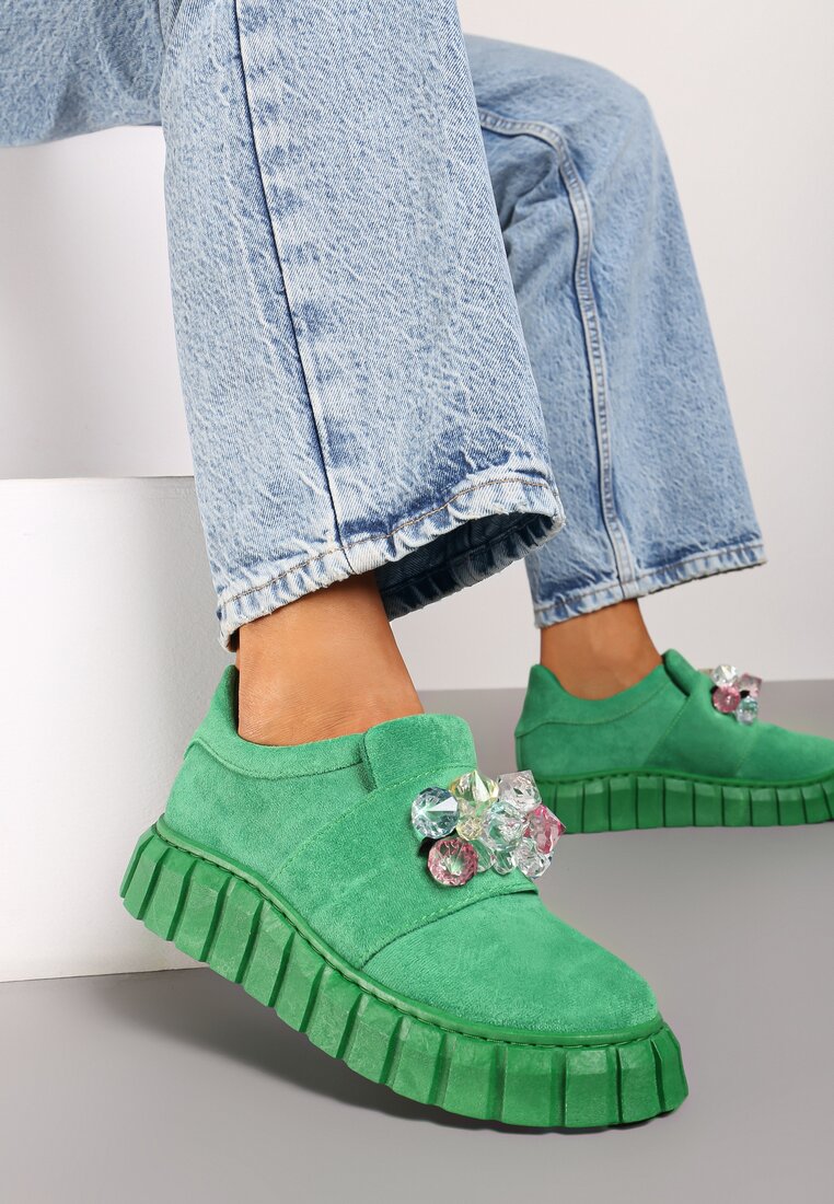 Zielone Wsuwane Sneakersy z Kolorowymi Kryształkami Phedara