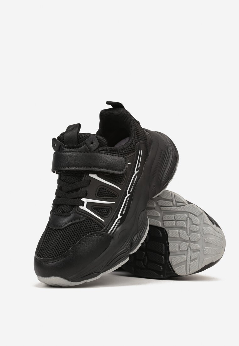 Czarne Płaskie Buty Sportowe Sneakersy na Rzep z Geometrycznym Wzorem Ceniefra