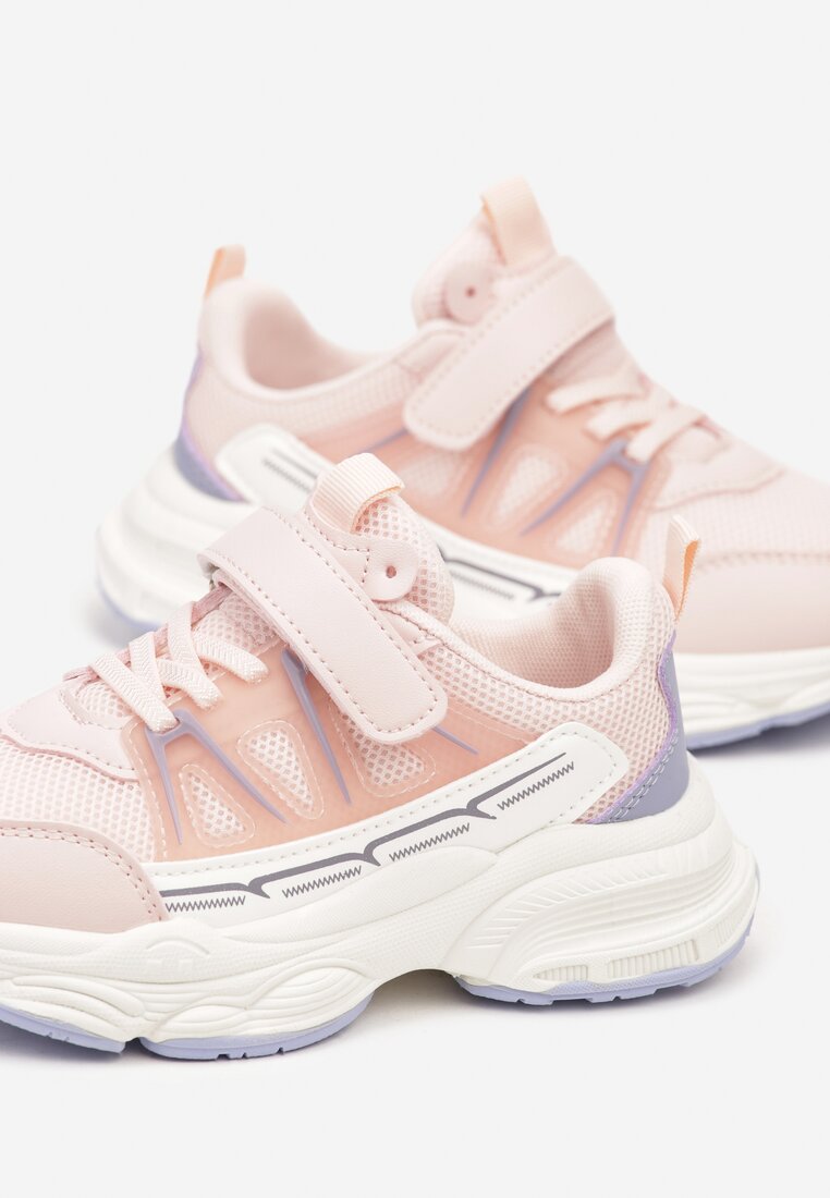 Różowe Płaskie Buty Sportowe Sneakersy na Rzep z Geometrycznym Wzorem Ceniefra