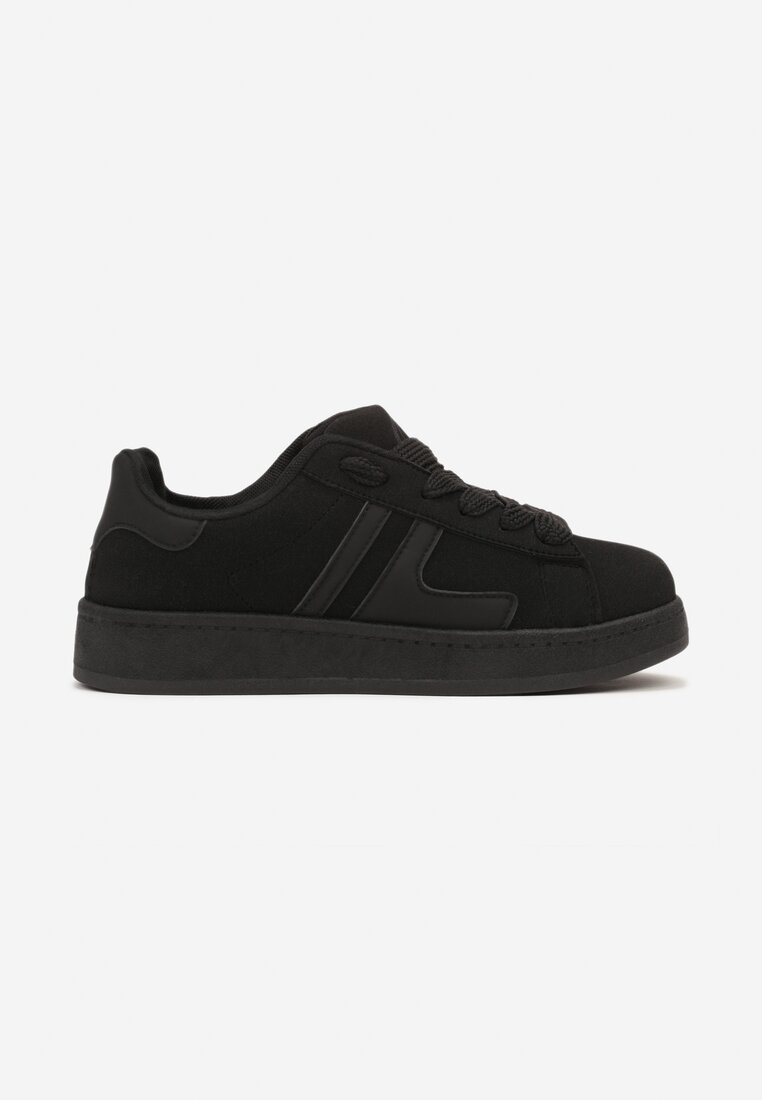 Czarne Sznurowane Sneakersy na Płaskiej Podeszwie Ozdobione Paskami Nevirenna