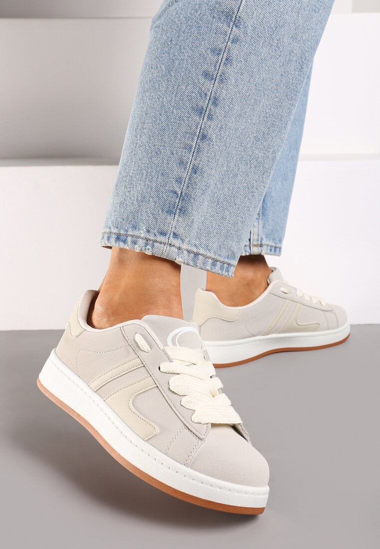Beżowe Płaskie Sznurowane Sneakersy z Geometrycznym Wzorem Neviselle