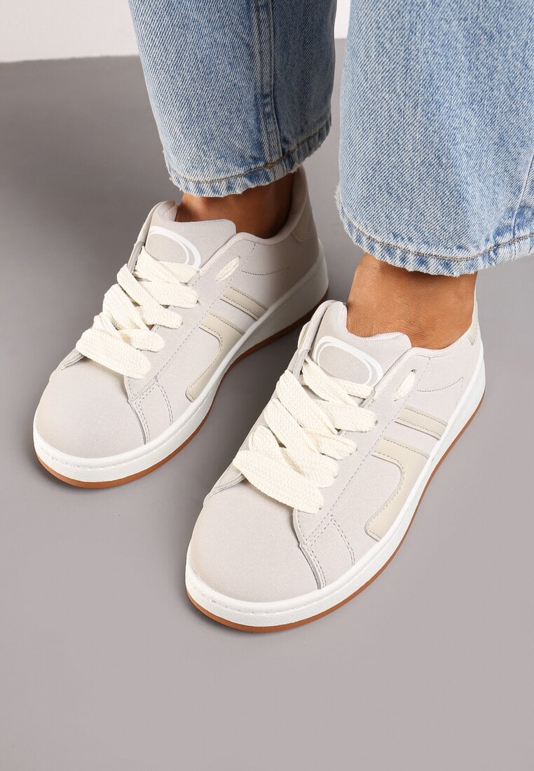 Beżowe Płaskie Sznurowane Sneakersy z Geometrycznym Wzorem Neviselle