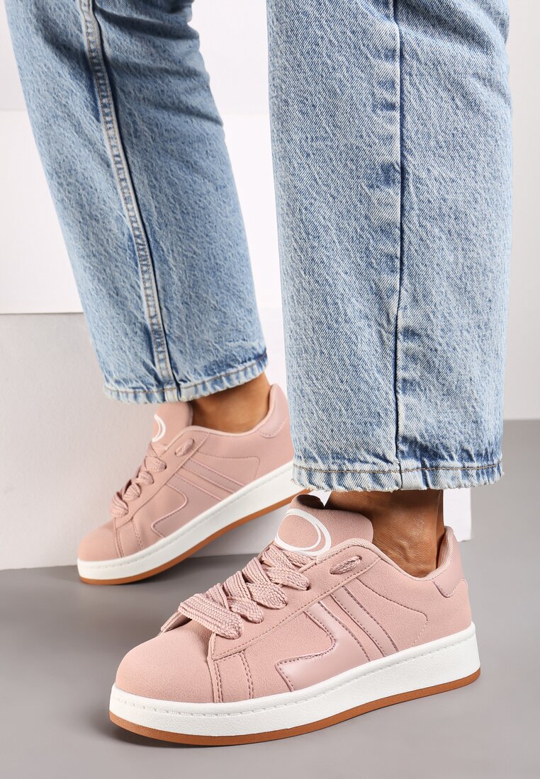 Różowe Płaskie Sznurowane Sneakersy z Geometrycznym Wzorem Neviselle