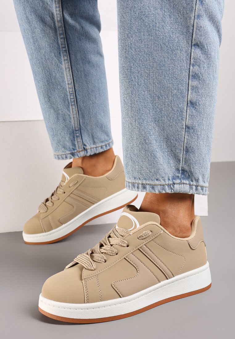 Ciemnobeżowe Płaskie Sznurowane Sneakersy z Geometrycznym Wzorem Neviselle