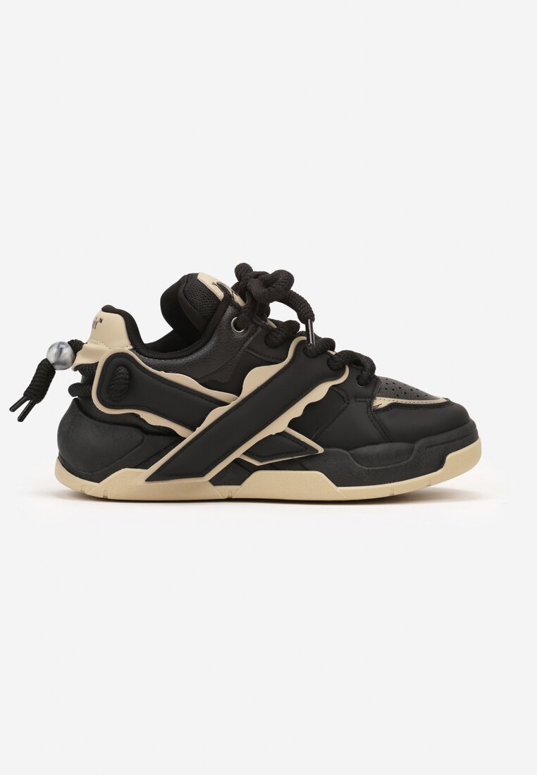 Czarno-Beżowe Płaskie Buty Sportowe Sneakersy z Geometrycznym Wzorem Nevilara