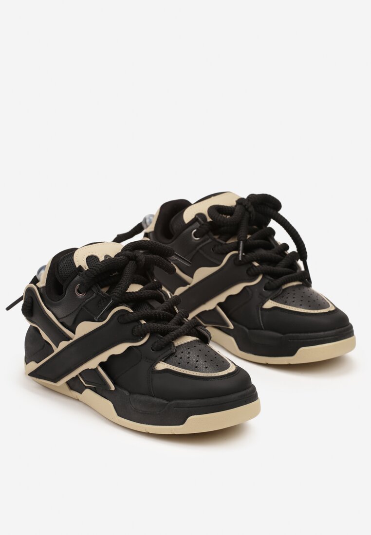 Czarno-Beżowe Płaskie Buty Sportowe Sneakersy z Geometrycznym Wzorem Nevilara