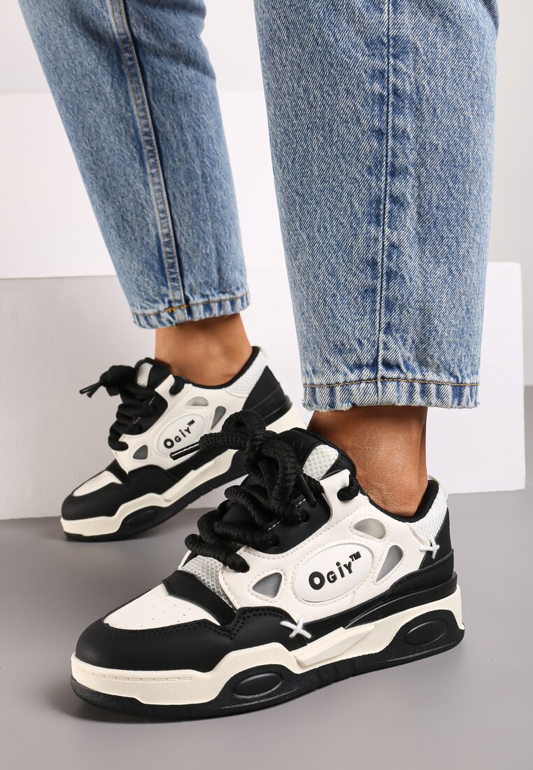 Czarno-Białe Płaskie Sneakersy z Szerokimi Sznurowadłami Teniefra