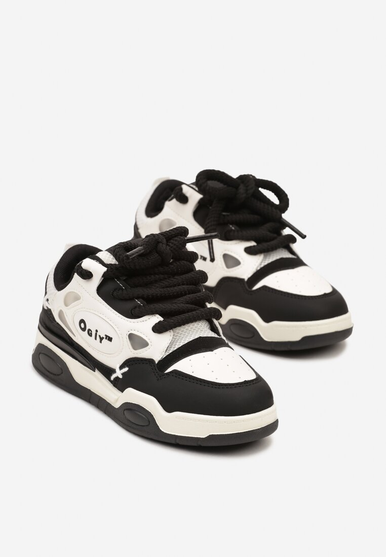 Czarno-Białe Płaskie Sneakersy z Szerokimi Sznurowadłami Teniefra