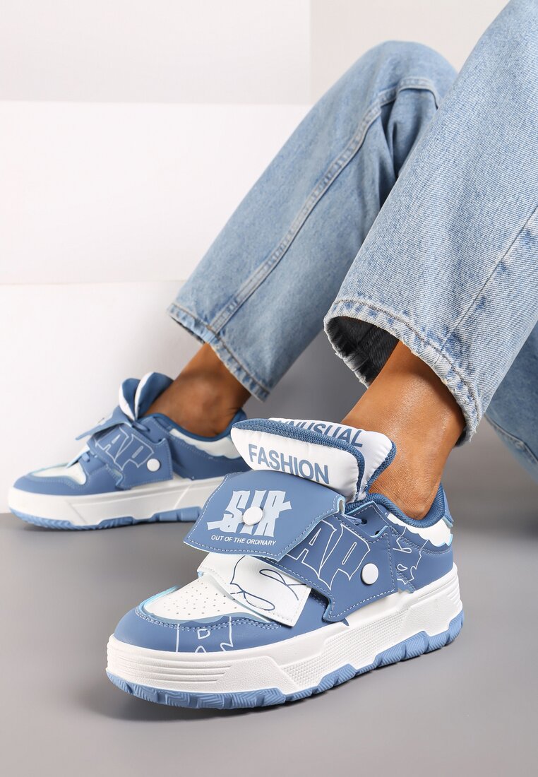 Niebieskie Płaskie Sznurowane Sneakersy z Napisami Friefra