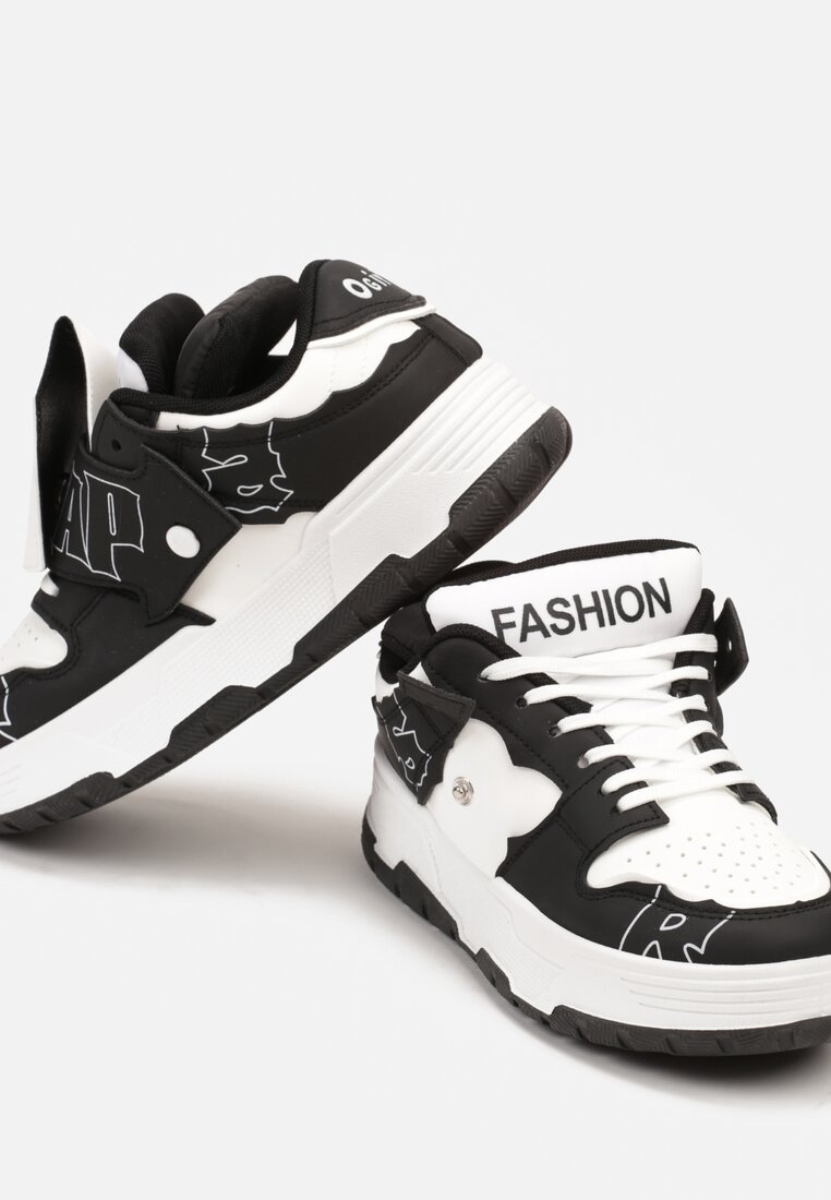 Czarno-Białe Płaskie Sznurowane Sneakersy z Napisami Friefra