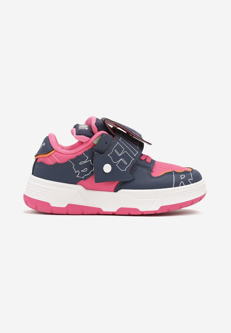 Granatowo-Różowe Płaskie Sznurowane Sneakersy z Napisami Friefra