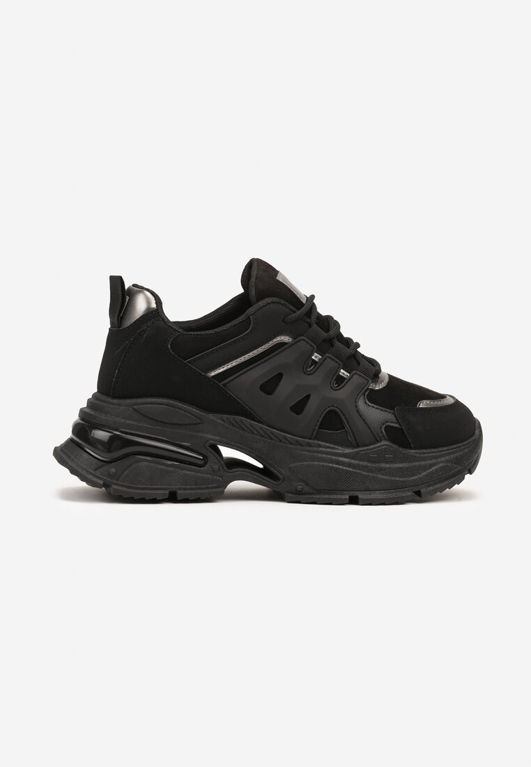Czarne Sneakersy na Grubej Podeszwie na Tłoczonej Podeszwie Velariel
