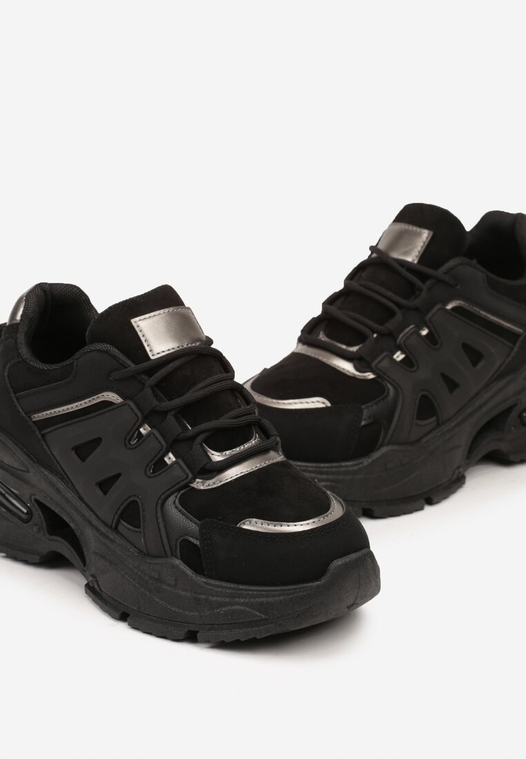 Czarne Sneakersy na Grubej Podeszwie na Tłoczonej Podeszwie Velariel
