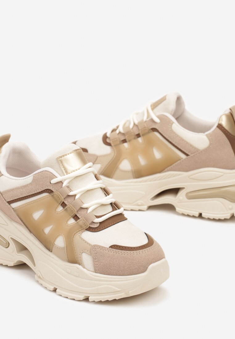 Ciemnobeżowe Sneakersy na Grubej Podeszwie na Tłoczonej Podeszwie Velariel