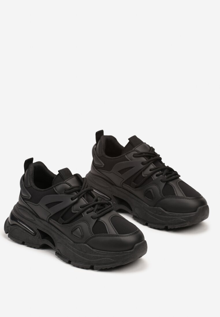 Czarne Sneakersy na Grubej Podeszwie z Tłoczeniami Nevalin
