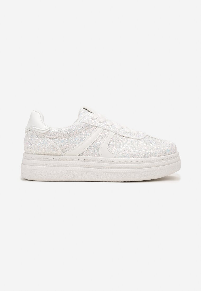 Białe Sneakersy na Grubej Podeszwie z Ozdobnym Brokatem Nevisala
