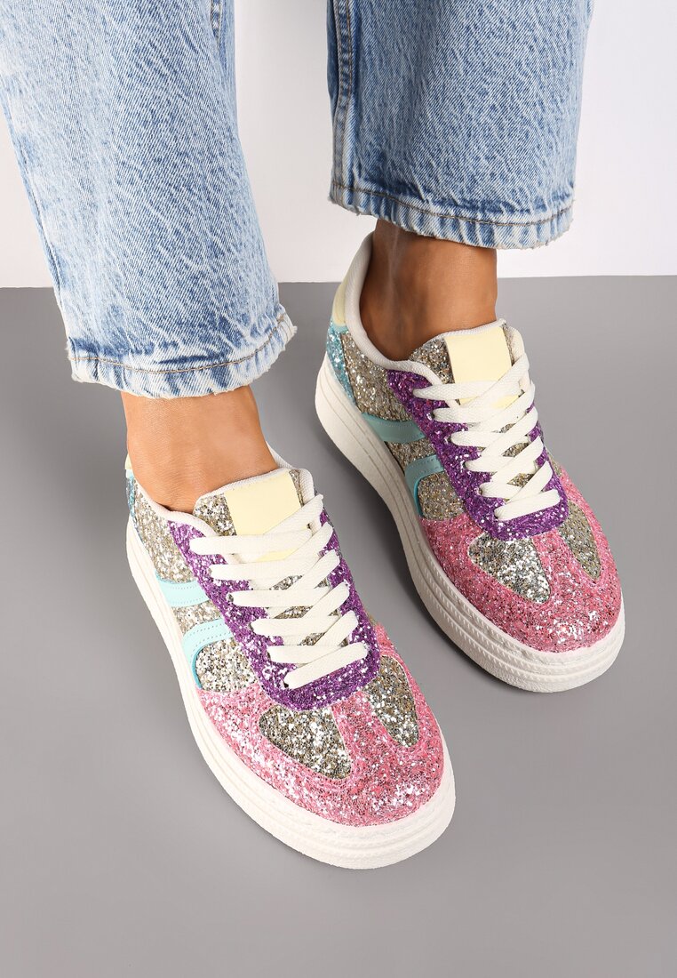 Różowo-Niebieskie Sneakersy na Grubej Podeszwie z Ozdobnym Brokatem Nevisala