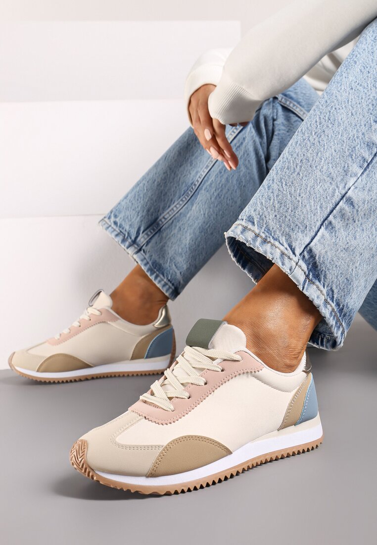 Beżowe Płaskie Sneakersy z Geometrycznym Wzorem Navshara