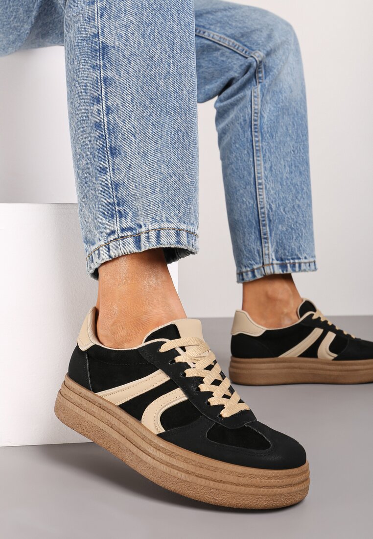 Czarne Sneakersy na Grubej Podeszwie z Geometrycznym Wzorem Nevthaya