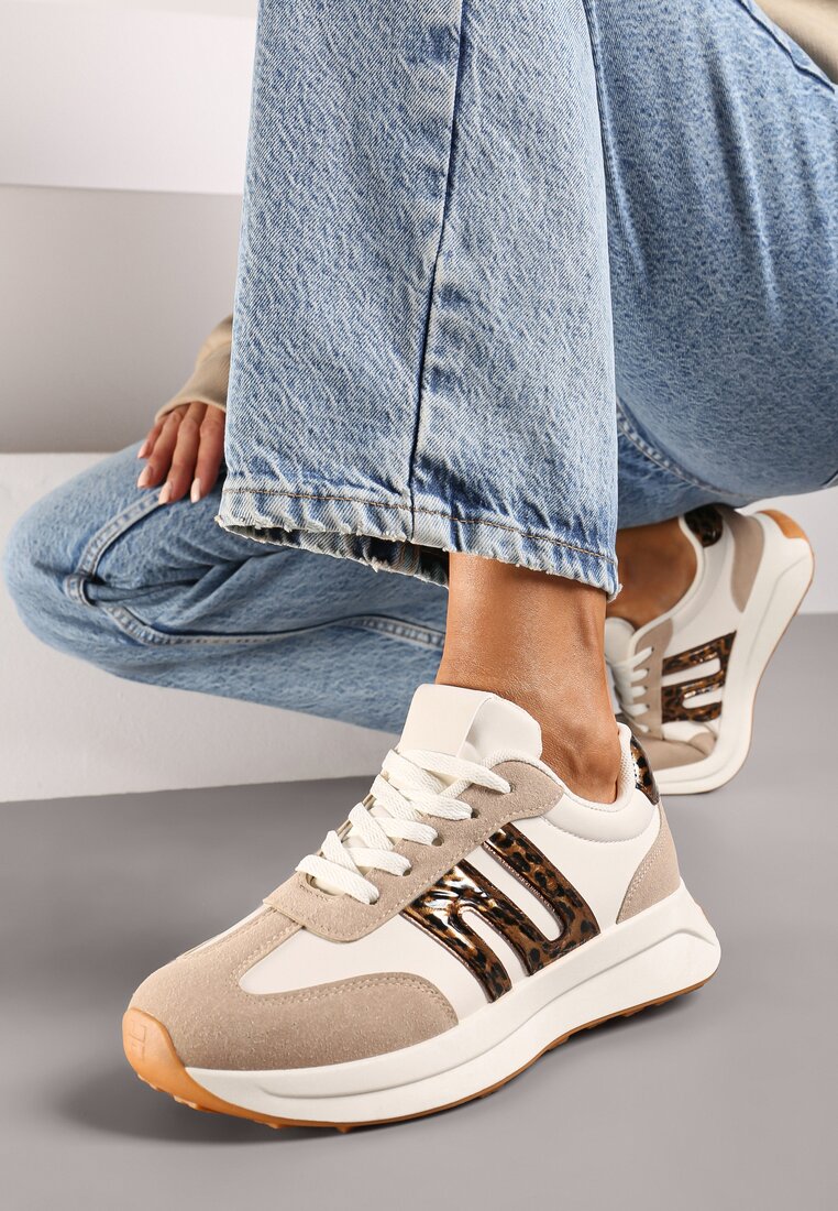 Beżowo-Brązowe Płaskie Sneakersy z Geometrycznym Wzorem Nevlene
