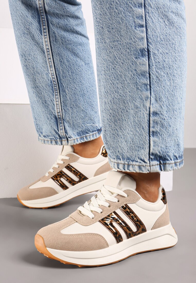 Beżowo-Brązowe Płaskie Sneakersy z Geometrycznym Wzorem Nevlene