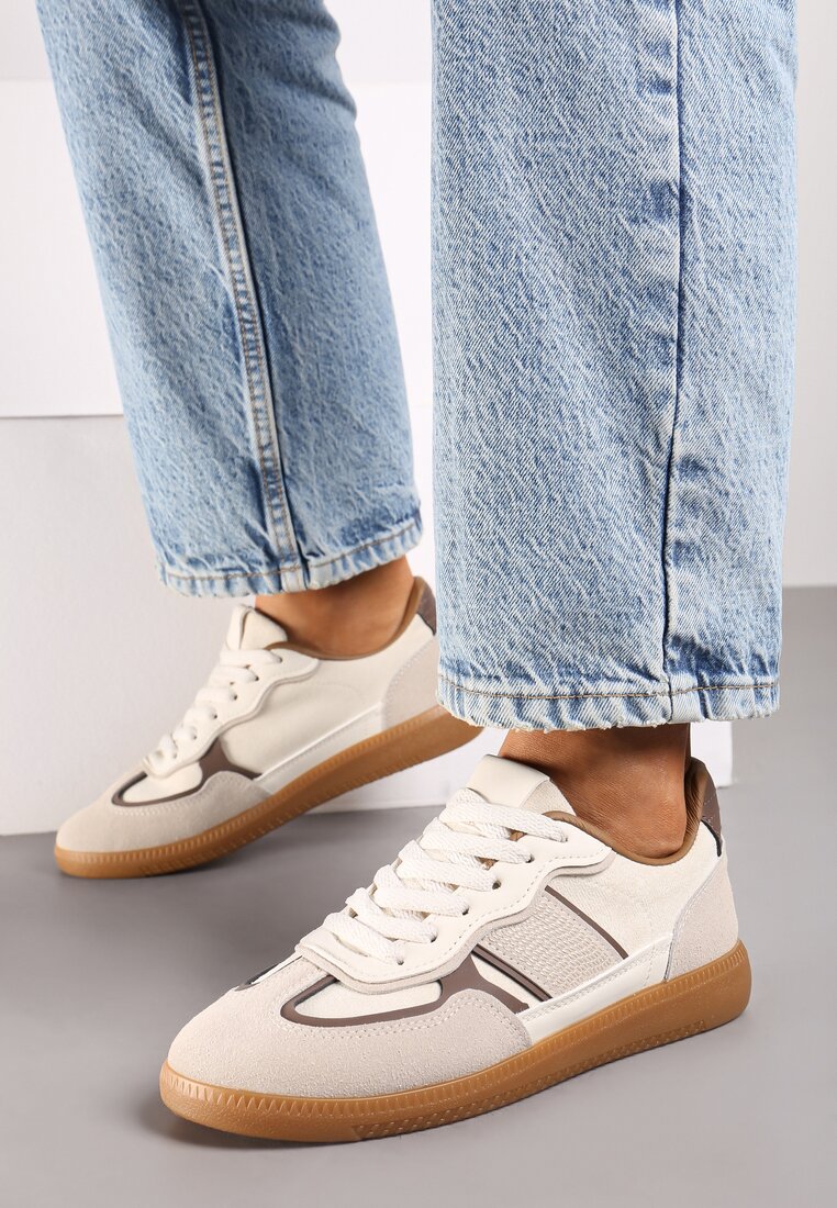 Beżowo-Brązowe Sneakersy przed Kostkę z Przeszyciami z Grubą Podeszwą Nevelice