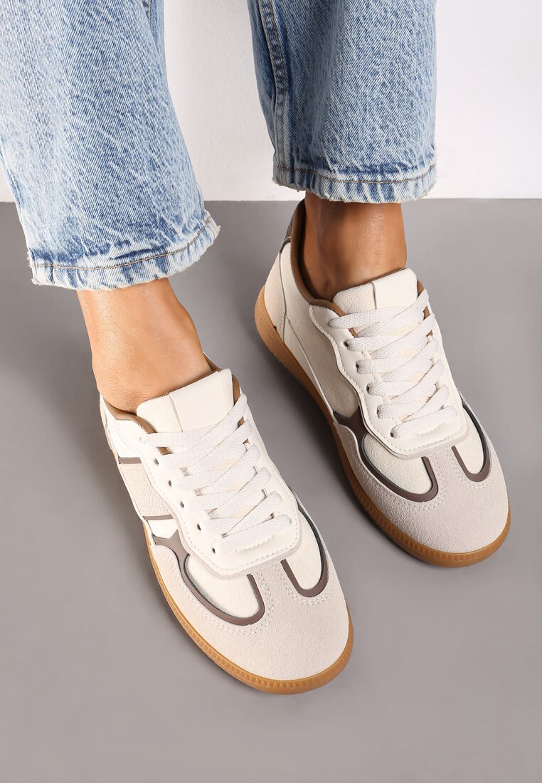 Beżowo-Brązowe Sneakersy przed Kostkę z Przeszyciami z Grubą Podeszwą Nevelice