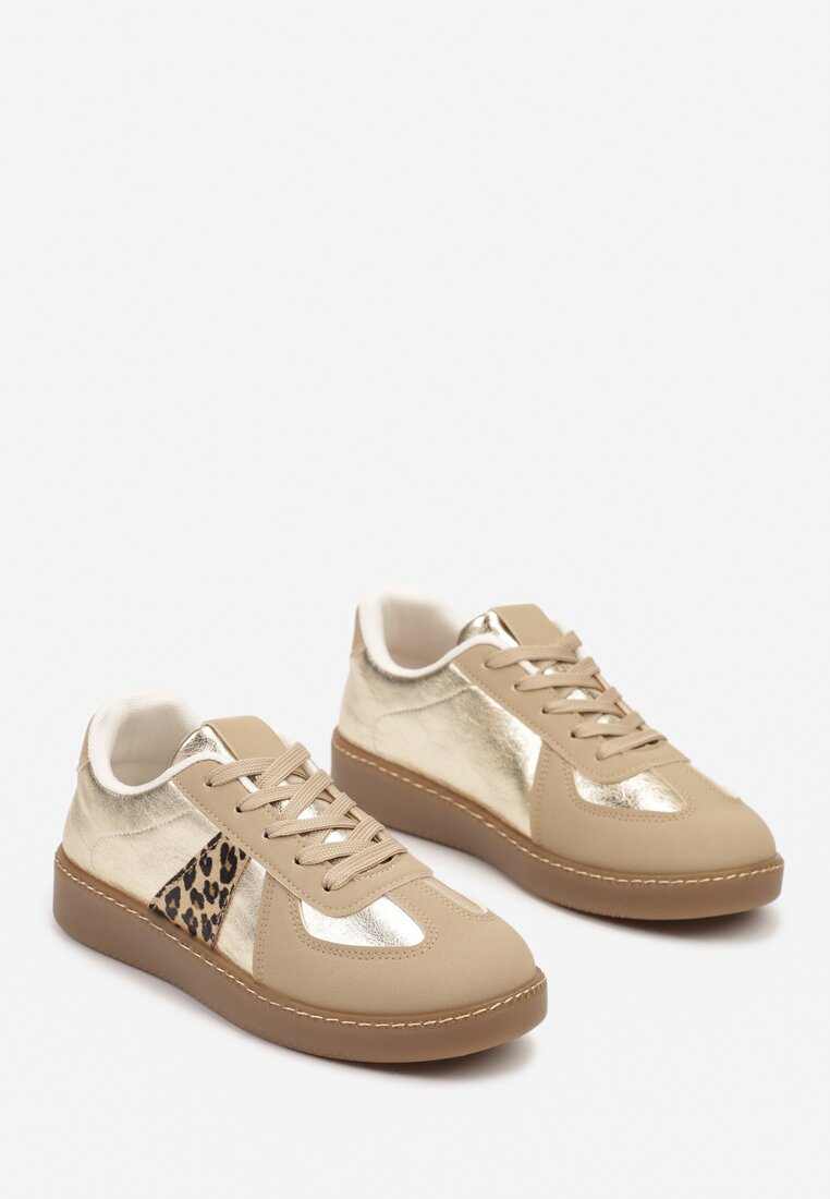 Beżowo-Brązowe Płaskie Sneakersy z Metaliczną Wstawką Nevsina